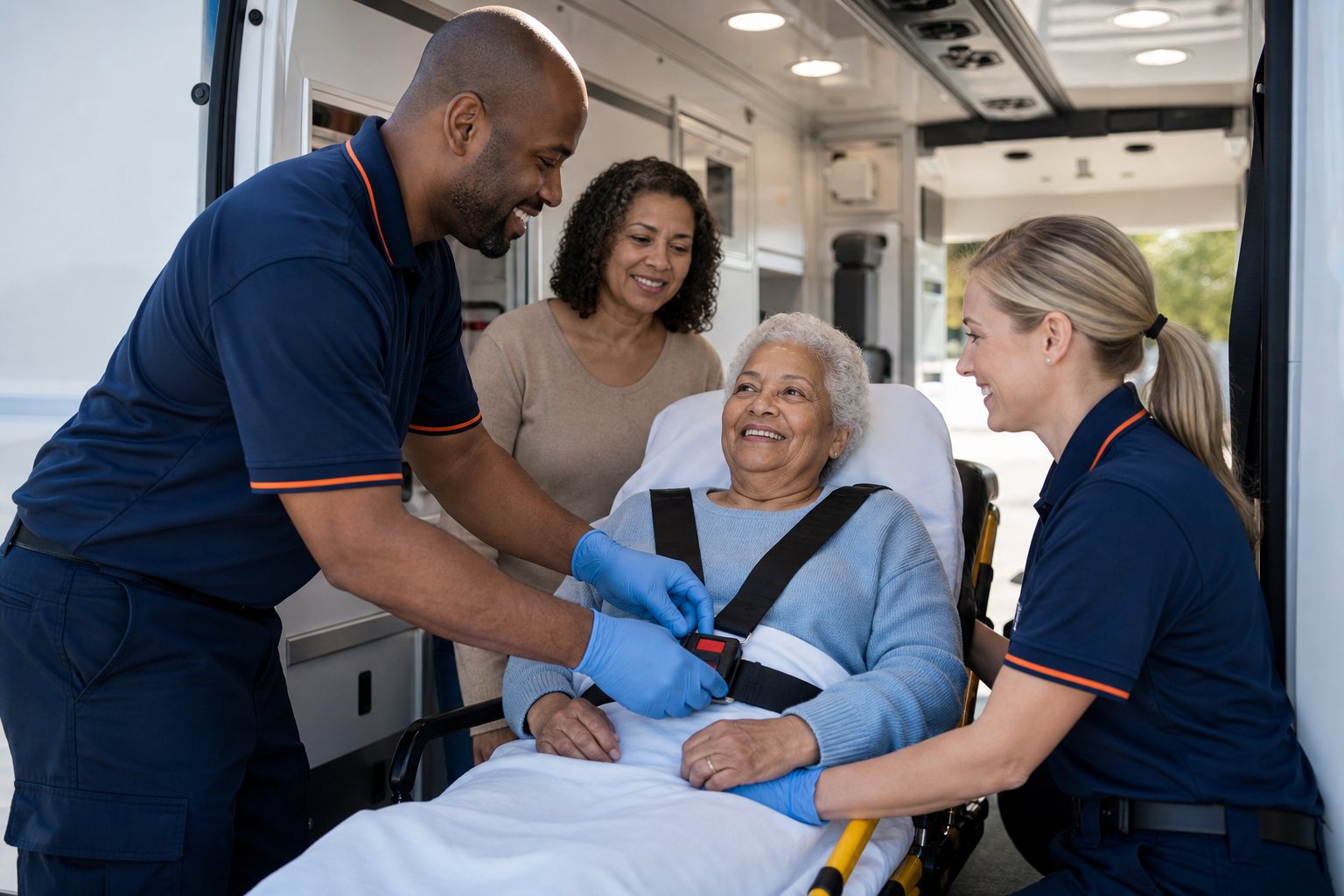 CienOne medical team securing a patient inside a transport van