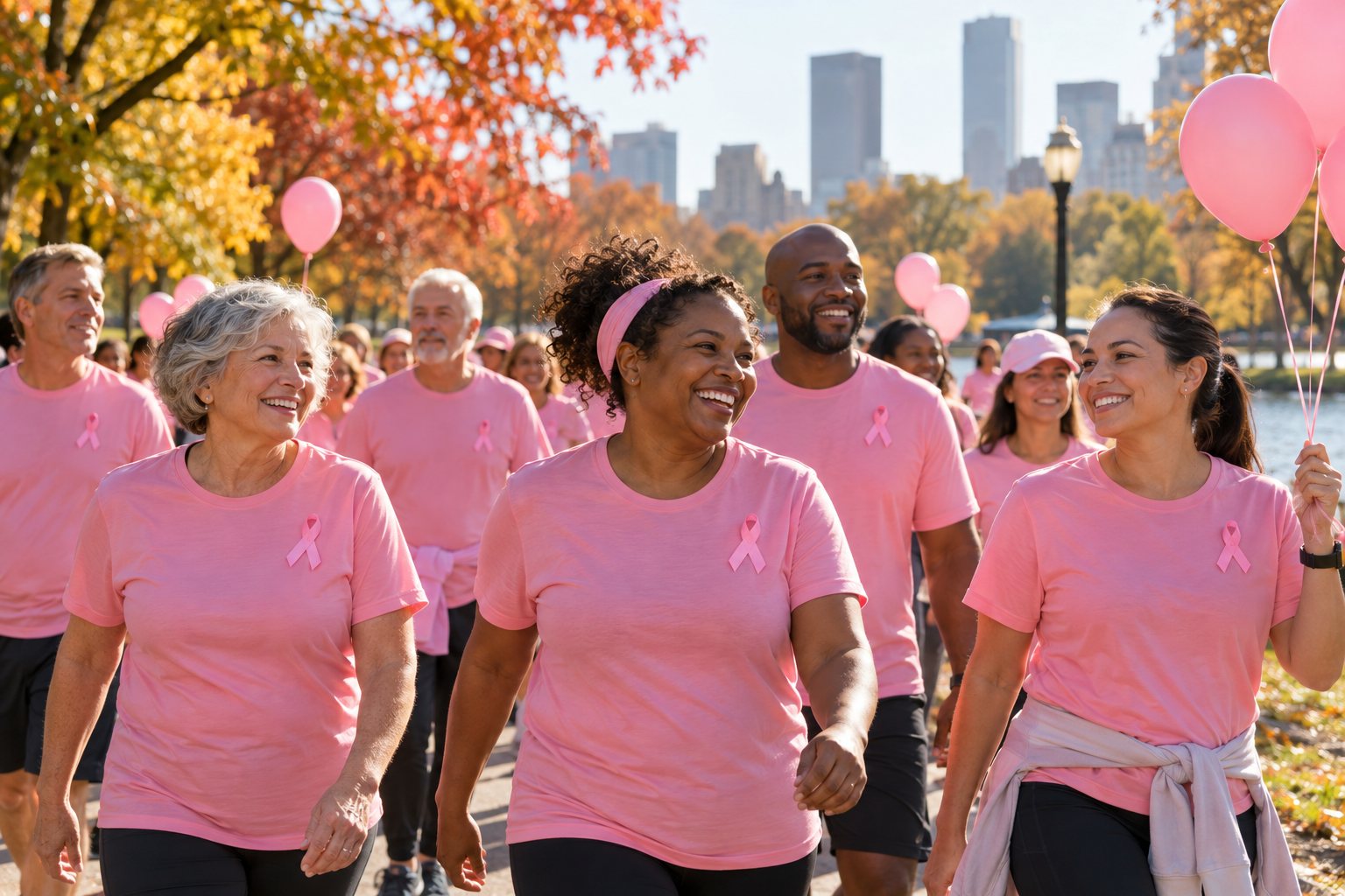 A diverse group of people in pink shirts walking together at a breast cancer awareness walk on an autumn morning